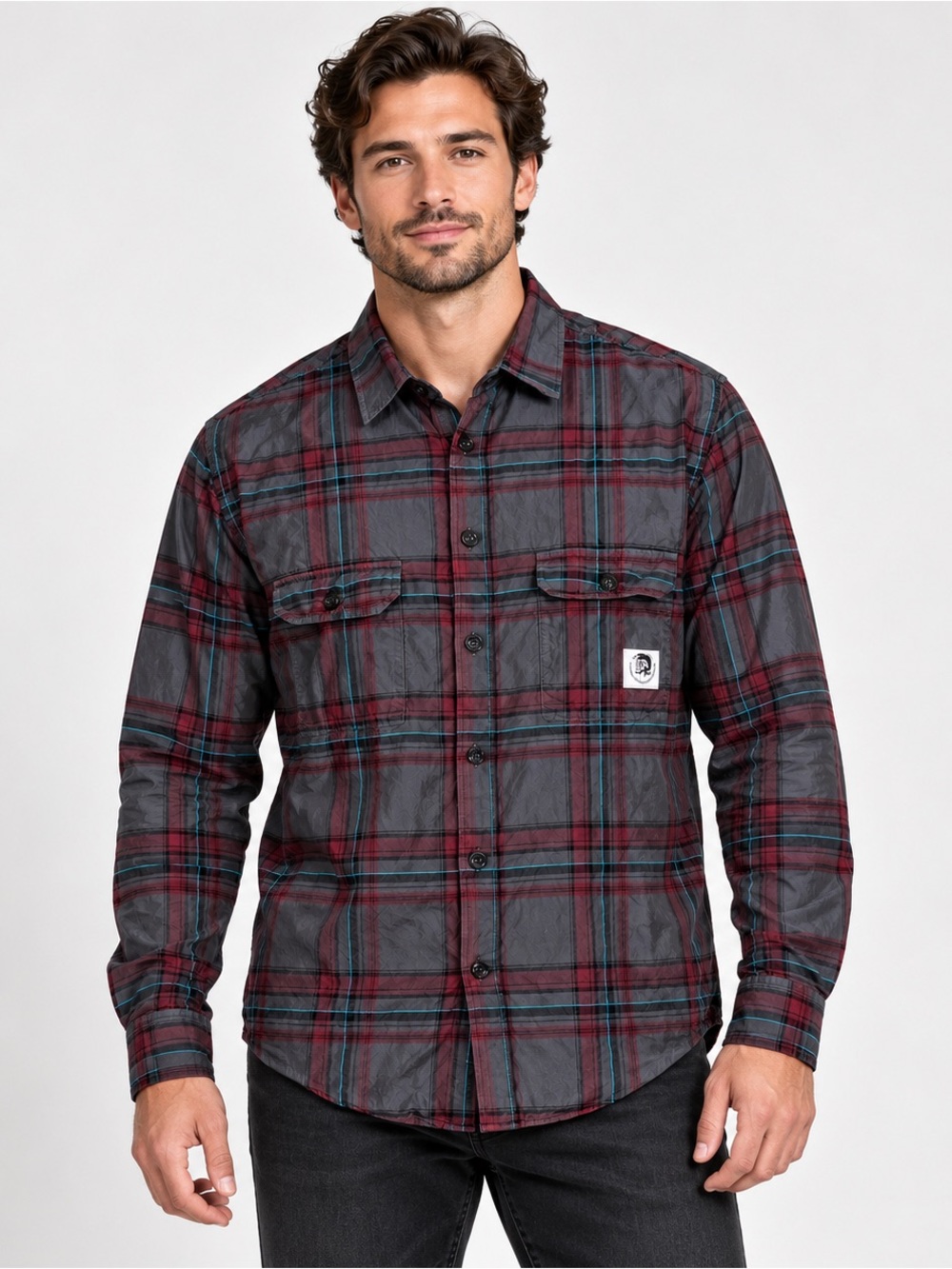 Diesel Men’s XL Grey Red Plaid Cotton Button Down Shirt Logo Pocket